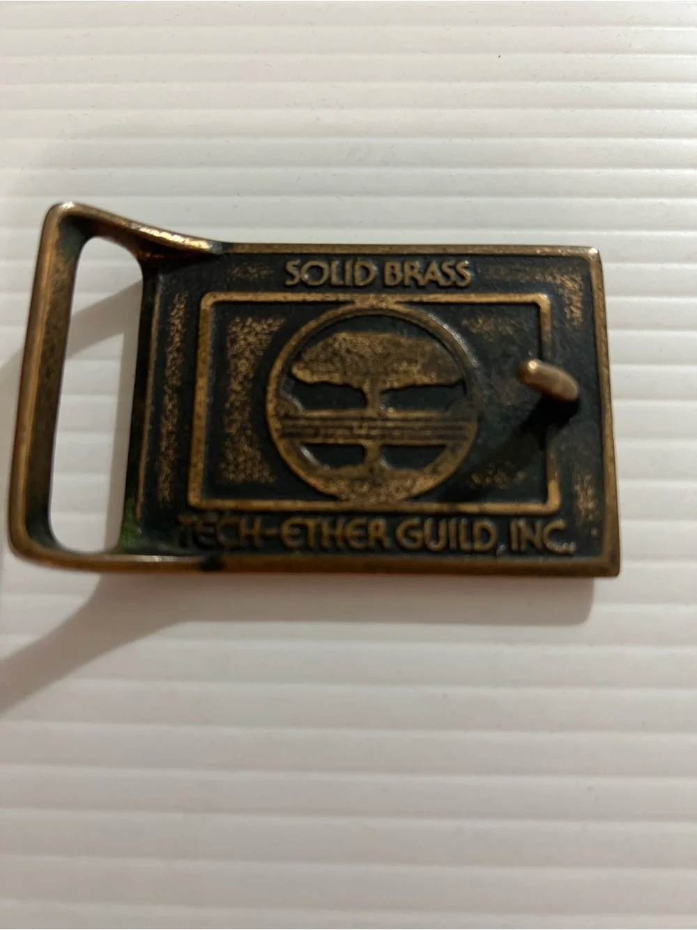 Vintage Tech-Ether Guild solid, brass wood inlay belt buckle